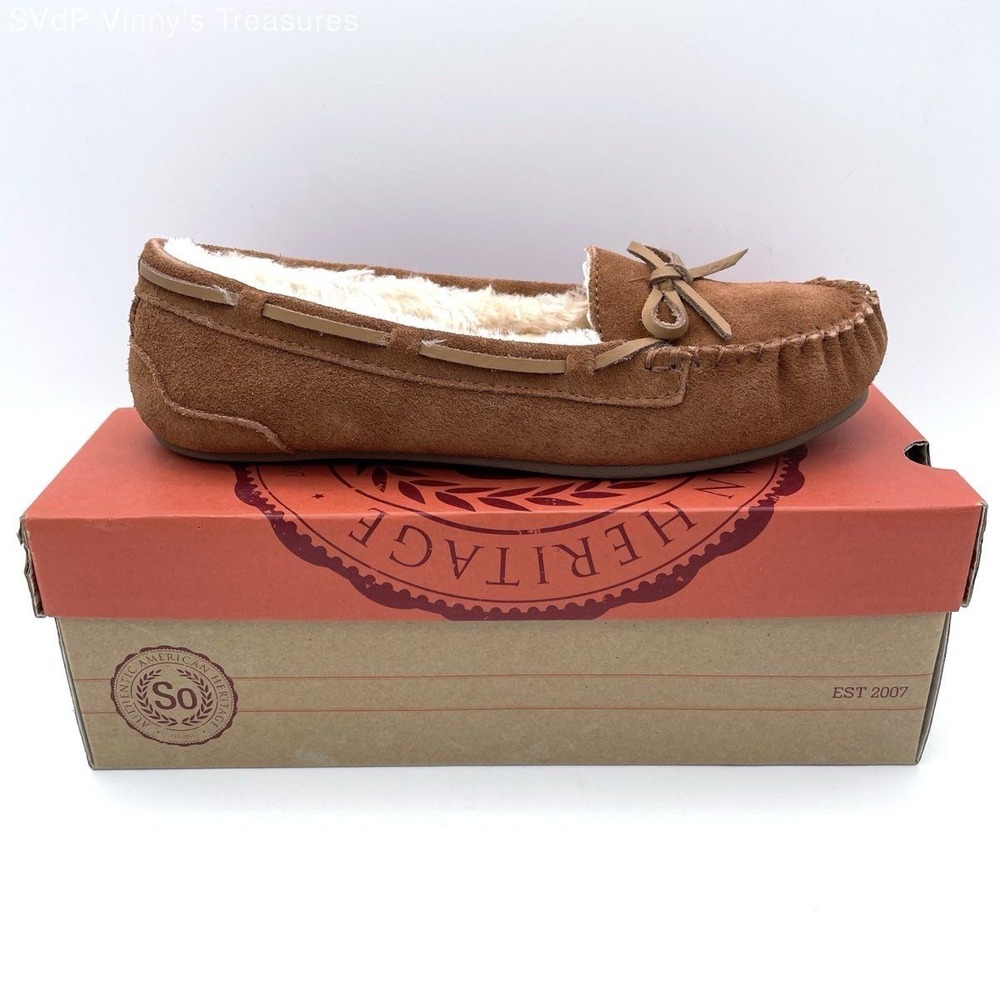 SO Theta Chestnut Suede Faux Fur Lined Moccasin Slippers Women's Size 8 NIB